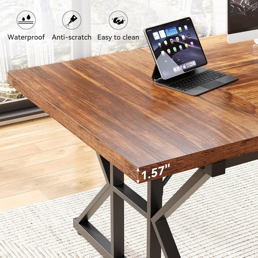 LITTLE TREE 70.8-Inch Office Desk, Wooden Executive Office Desk, Modern Work Desk, Large Farmhouse Writing Table Computer Desk for Home, Brown-Black