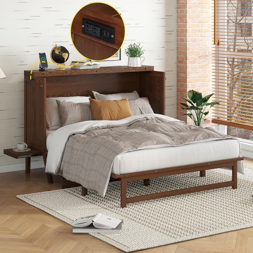 KEIKI Queen Size Cabinet Murphy Bed with Charging Station, Drawer, Removable Shelves, Multiple Storage Foldable Hideaway Wall Murphy Bed Frame, No Box Spring Needed, Easy Assembly, for Bedroom, Walnut