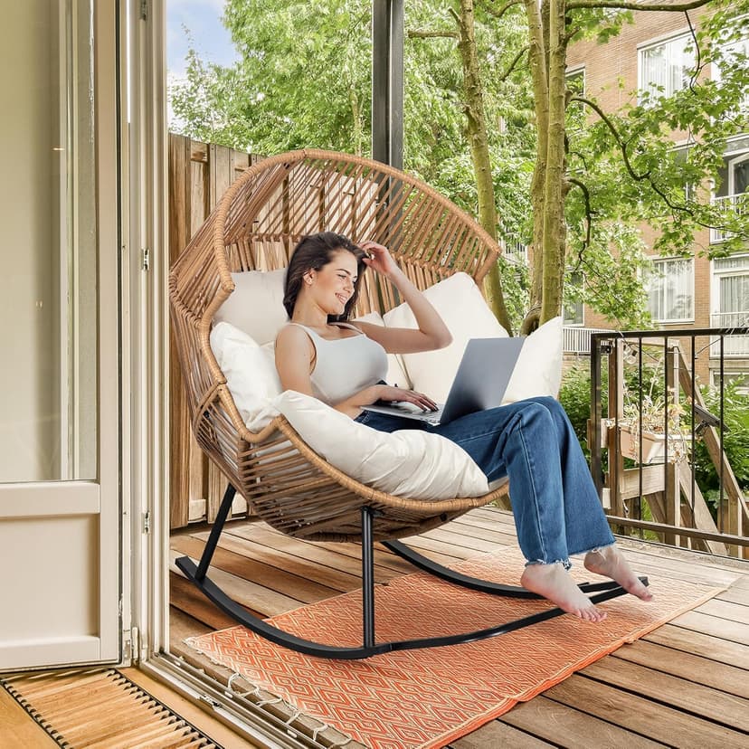Shintenchi Wicker Egg Chair,Oversized Outdoor Indoor Rocking Chair,Large PE Rattan Rocking Chair with Cushion for Patio, Balcony, Backyard, Garden, Beige