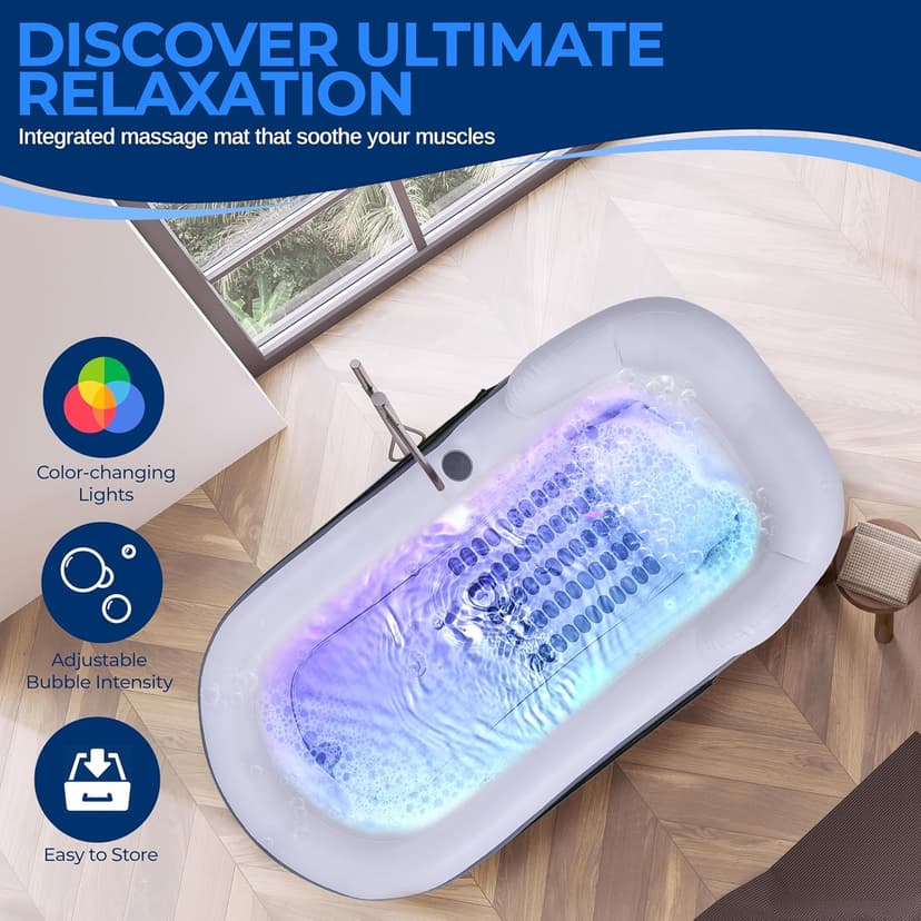 SereneLife Spa Bathtub with Bubble Massage Mat – Inflatable Bathtub with Pillow, Cup Holder, Remote Control for LED Lighting, Backrest and Armrests, Supporting Up To 190 lbs. 66" x 30" x 26"