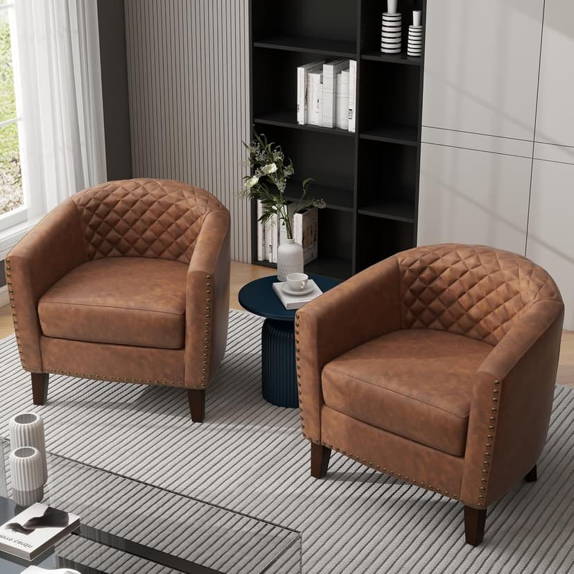 UIXE Faux Leather Accent Chairs Set of 2, Barrel Club Chair Modern Upholstered Armchair for Living Room, Comfy Nailed Trim Arm Chair Bedroom Reading Seat, Brown