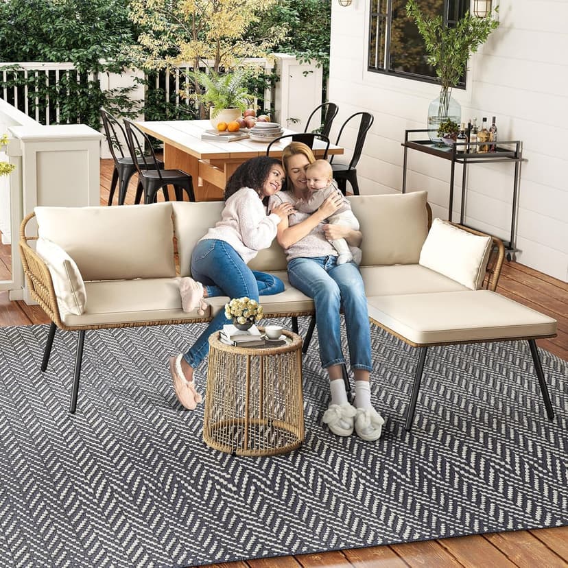 DWVO Patio Furniture Set 3 Piece Outdoor Wicker Conversation Set with Detachable Cushions and Coffee Table L-Shaped Sectional Sofa Set Outdoor Furniture Set for Backyard Porch Deck - Beige