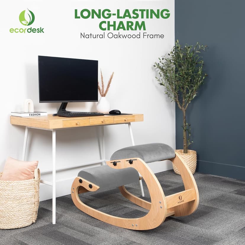 Ergonomic Kneeling Chair, Adjustable Seat - Office Chair for Desk, Posture Corrector, Premium Comfort Cushion, Wooden Rocking Knee Chair (Grey)
