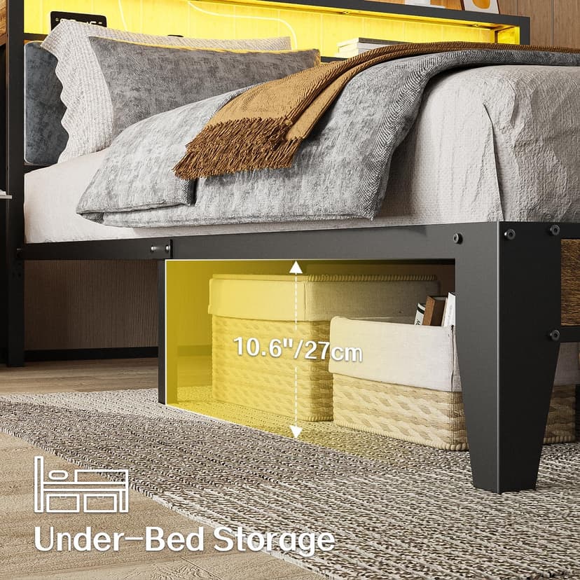 OLEVS Full Bed Frame with Headboard, Metal Platform Bed Full Size with 2-Tier Storage, LED Light & Charging Station Type C, No Box Spring Needed