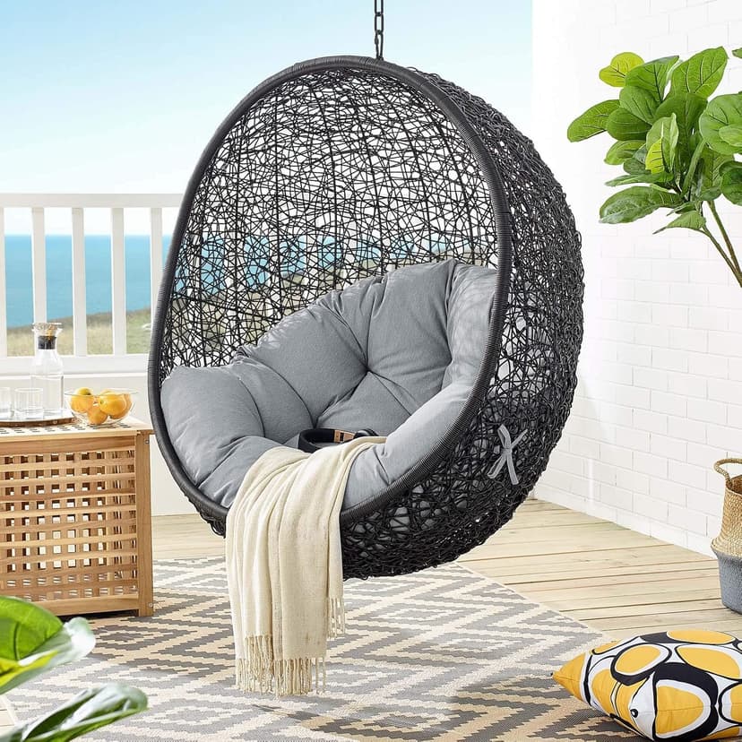 Modway EEI-739-GRY-SET Encase Wicker Rattan Outdoor Patio Porch Lounge Egg, Swing Chair with Stand, Gray