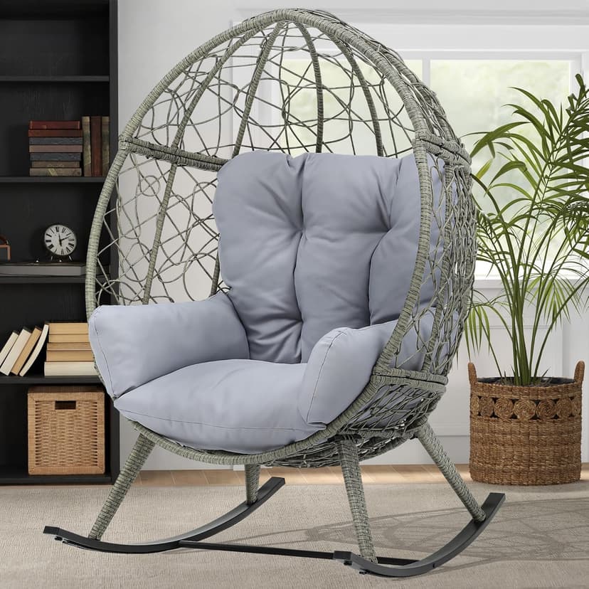 DWVO Wicker Rocking Egg Chair, Oversized Indoor Outdoor Rattan Rocking Chair, Indoor Outdoor Lounger for Patio, Backyard, Living Room, Light Gray