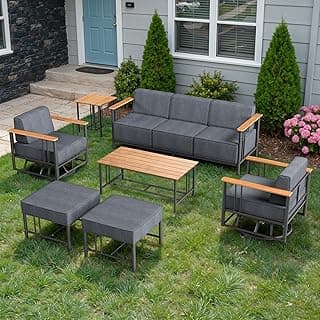 Luxury Outdoor Furniture Set with Swivel Chairs, 7 PCS Patio Furniture Set with Extra Thick Cushions, Suitable for Porch, Balcony, Deck, Patio, Yard, Poolside, Black/Grey