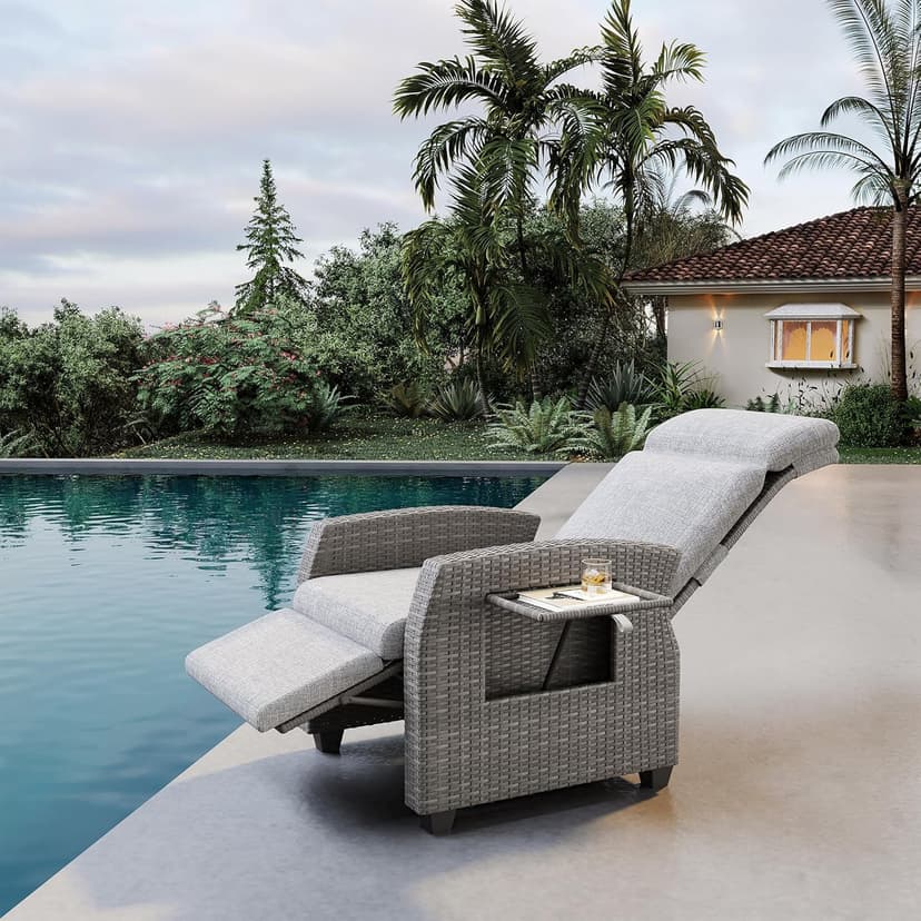 Outdoor Wicker Recliner Chair, Patio Recliner with Independently Adjustable Backrest and Footrest, All-Weather PE Wicker Patio Reclining Lounge Chair with Flip-Up Table Air Pump 155° Lay Flat