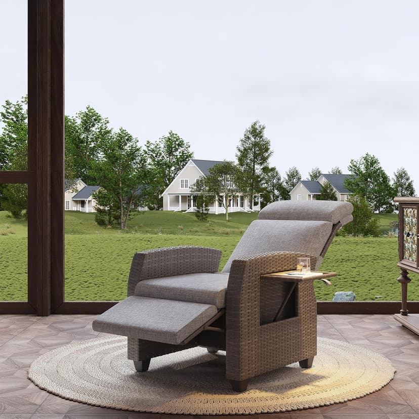 Outdoor Wicker Recliner Chair, Patio Recliner with Independently Adjustable Backrest and Footrest, All-Weather PE Wicker Patio Reclining Lounge Chair with Flip-Up Table Air Pump 155° Lay Flat
