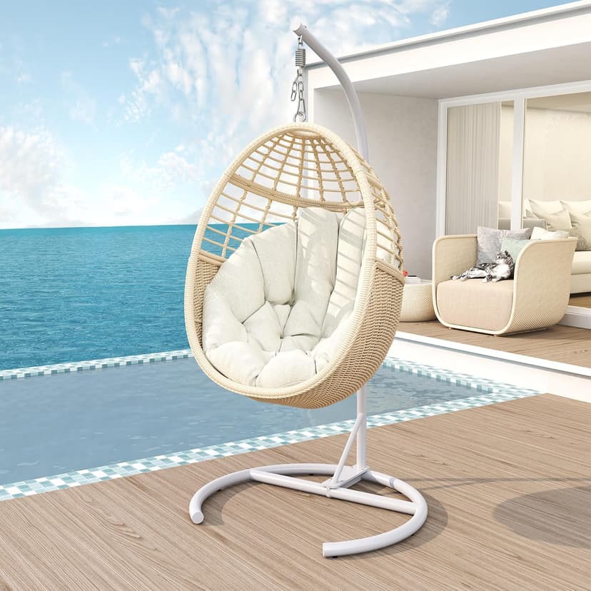 TWT Egg Swing Chair with Stand Hanging Egg Chair Outdoor - Rattan Wicker Patio Hanging Basket Chair Hammock Chair with Metal Frame and UV Resistant Cushion for Indoor Bedroom Balcony (Beige)