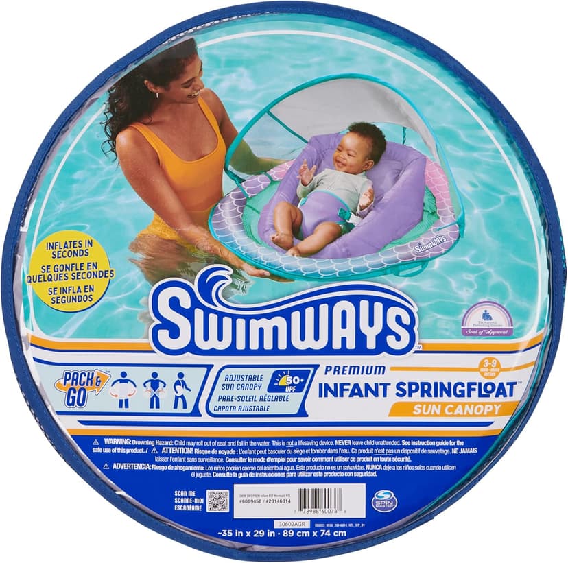 Swimways Infant Spring Float, Baby Pool Float with Canopy & UPF Protection, Swimming Pool Accessories for Kids 3-9 Months, Mermaid