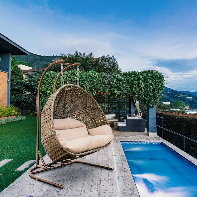 Qwork Double Egg Chair with Stand,2 Person Wicker Rattan Hanging Swing Chair, Hammock Swing Chair UV Resistant Cushion with Stand for Indoor Bedroom Outdoor Garden Backyard