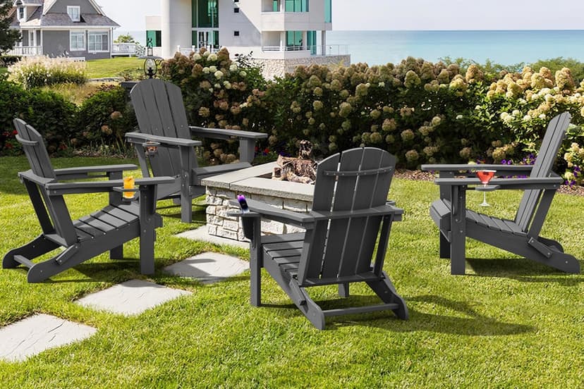 SERWALL Foldable Adirondack Chair, HDPE Adirondack Chair with Wood-Texture-Gray