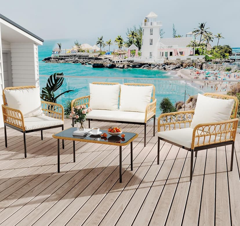 IDEALHOUSE 4-Piece Outdoor Patio Furniture Set, All-Weather PE Rattan Wicker Loveseat & Chairs with Glass Coffee Table & Steel Frame, Boho Conversation Set for Patio, Balcony, Backyard, Beige