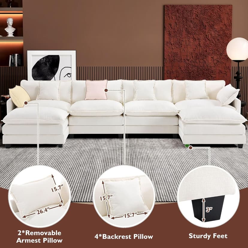 Ihanherry 146" U-Shaped Modern Sofa Modular Sectional Cloud Couch with 2 Ottoman, 6-Seat Chenille Deep Seat Sofa with 6 Pillows for Living Room, Bedroom and Apartment, Beige