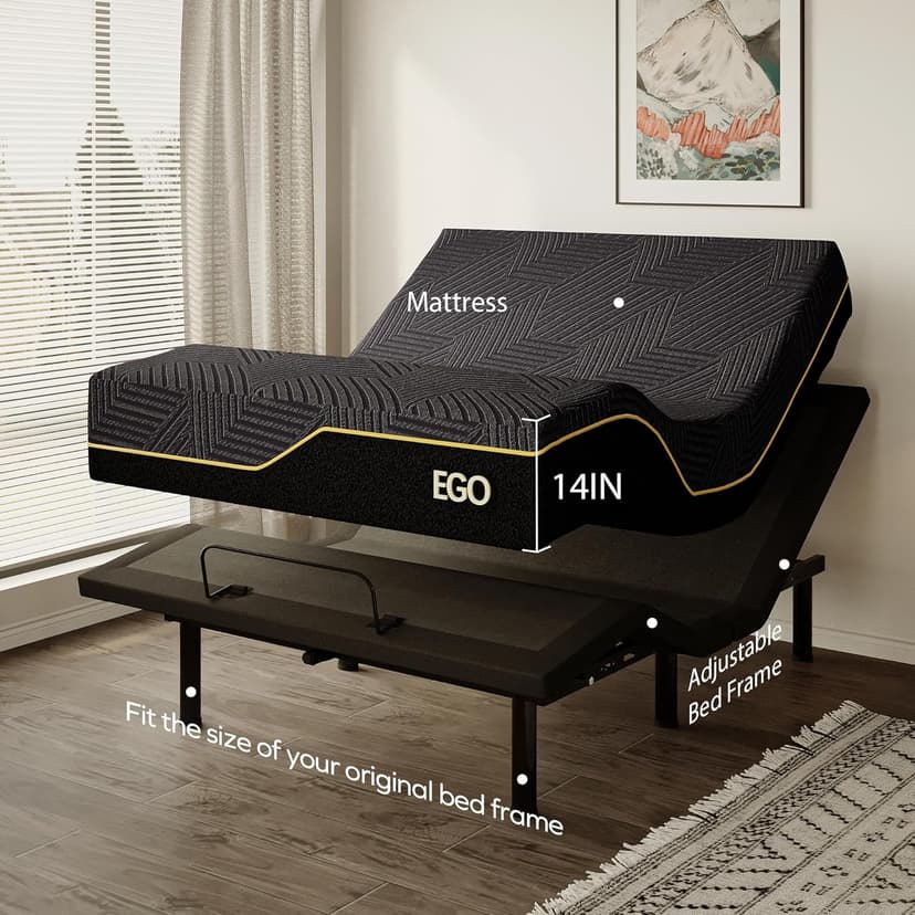 EGOHOME Full Size Adjustable Bed Base Frame and 14 inch Memory Foam Mattress, Independent Head and Foot Incline Electric Foldable Metal Bed Base Electric, Wireless Remote,Zero Gravity