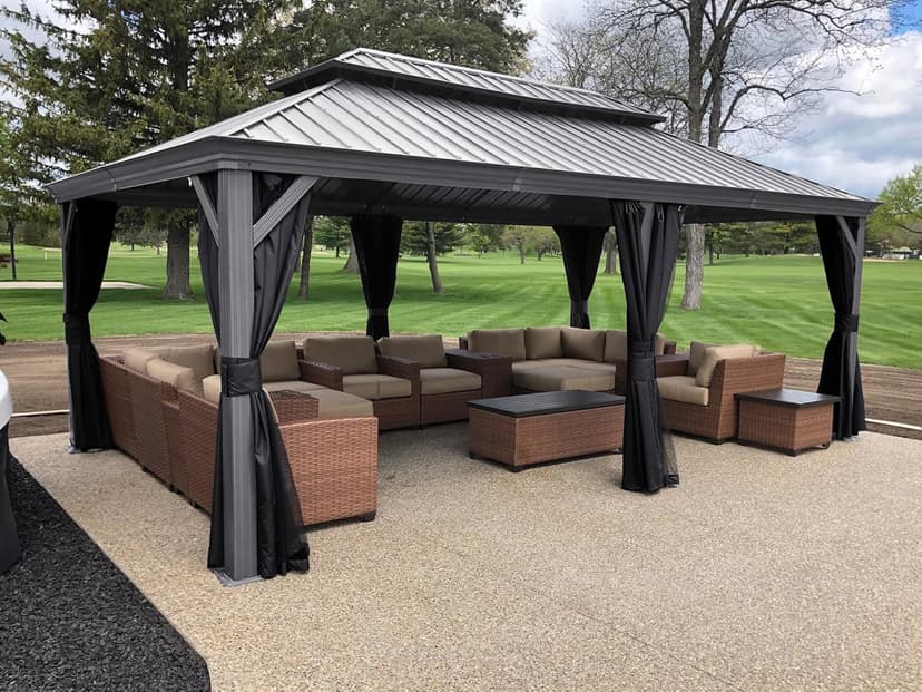PURPLE LEAF 12' x 20' Permanent Hardtop Gazebo with Galvanized Steel Double Roof and Aluminum Frames Outdoor Large Pavilion Gazebo for Patio Deck Garden, Netting and Curtains Included, Light Grey