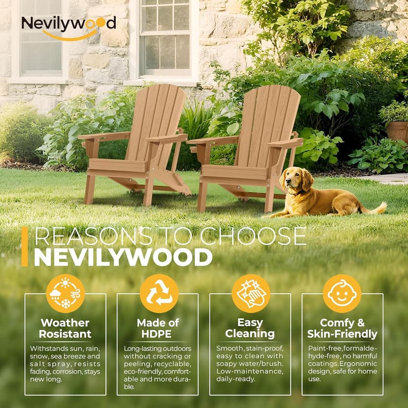 nevilywood Folding Adirondack Chair - Extended Ergonomic Backrest, Cup Holder - Easy Assembly - Durable HDPE Plastic, Weather Resistant & Maintenance-Free - Lawn, Patio, Deck Supports 400lbs Teak