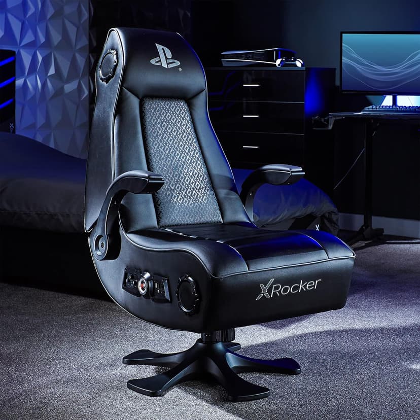 X-Rocker Officially Licensed PlayStation Infiniti+ 4.1 Stereo Audio Gaming Chair with Vibration, Comfy Folding Gamer Seat, Leather Look – Black, 5177401