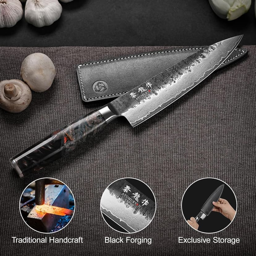Japanese Chef Knife, 8 Inch Damascus Kitchen Knife with VG10 Steel Core, Professional Black Forged Kitchen Knives with Ergonomic Handle, Leather Sheath & Luxury Gift Box, Birthday Gifts for Men Women