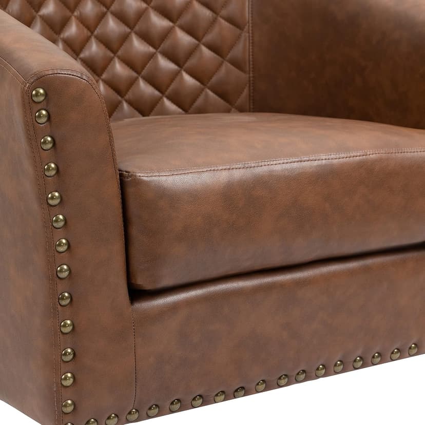 UIXE Faux Leather Accent Chairs Set of 2, Barrel Club Chair Modern Upholstered Armchair for Living Room, Comfy Nailed Trim Arm Chair Bedroom Reading Seat, Brown