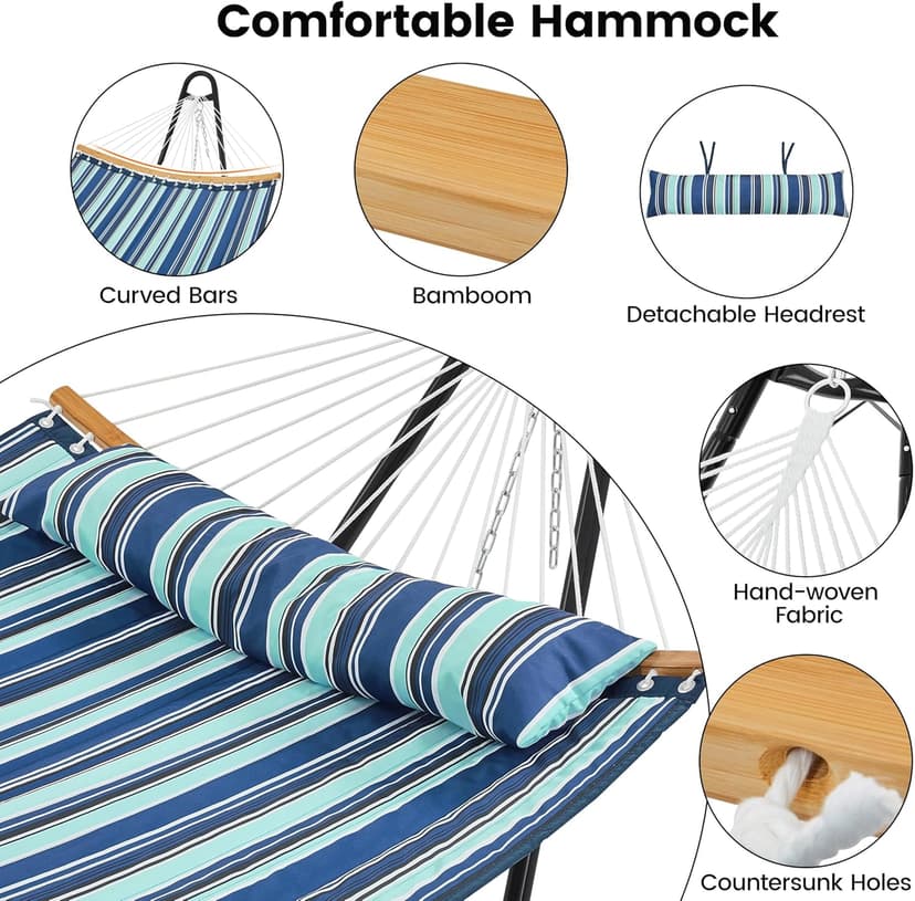 Yaheetech Hammock with Stand Set, Heavy-Duty Steel Hammock Stand for 2-3 People Outdoor, Porch, Patio, Deck and Backyard, Max Weight Capacity 475LB - Blue Stripe