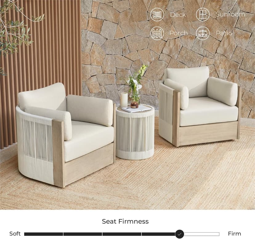 CHITA 3 Pieces Boho Patio Rattan Bistro Set, Outdoor Wicker Furniture Swivel Chairs & Side Table Set with 2 Arm Pillows, Acacia Wood Frame, Fully Assembled(Cream)