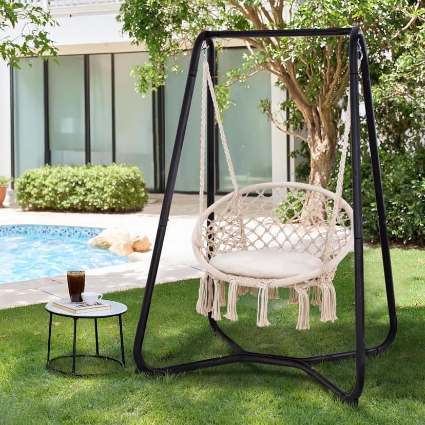 SUNCREAT Patio Swing Chair with Stand and Cushion, Heavy Duty Hanging Chair with Stand for Bedroom, 330 lbs Capacity, Patent Pending, Beige