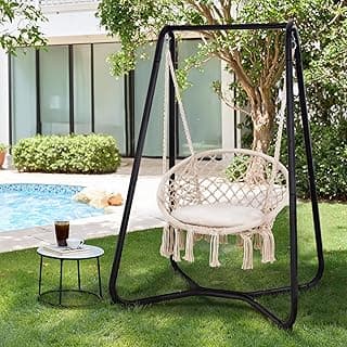 SUNCREAT Patio Swing Chair with Stand and Cushion, Heavy Duty Hanging Chair with Stand for Bedroom, 330 lbs Capacity, Patent Pending, Beige