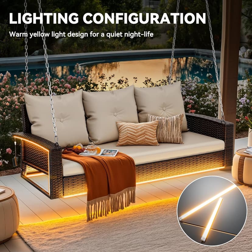 YITAHOME 3 Seats Patio Porch Swing, Outdoor Wicker Hanging Bench Rattan Chair Seat with LED Lights & Soft Cushions for Outside, Garden, Backyard, Lawn, Light Brown & Beige