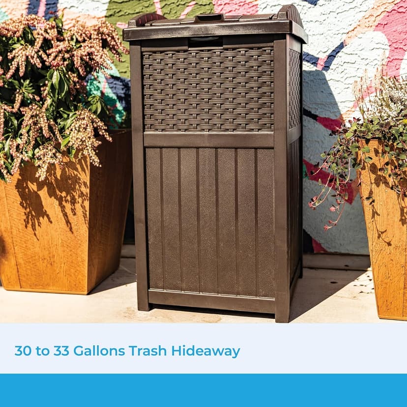 Suncast 33 Gallon Commercial Outdoor Trashcan Hideaway with Lid for 30 to 33 Gallon Trash Bags for Garage, Backyard, or Garden, Brown