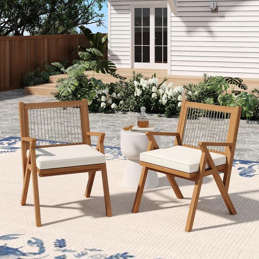 Christopher Knight Home Becker Outdoor Dining Chairs Set of 2 with Cushion, Acacia Wood Dining Room Armchair Set, Garden Chair Set with Handwoven Accent, Patio Dinners Comfy Extra Seat, Cream + Teak