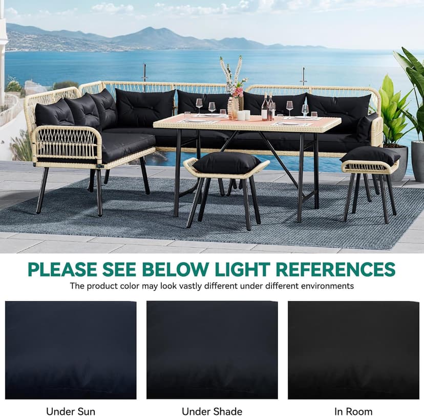YITAHOME Patio Wicker L-Shaped Furniture Set, All-Weather Rattan Outdoor Conversation Sofa Set for Backyard Deck with Soft Cushions,Ottomans and Plastic Wood Dining Table (Light Brown+Black)