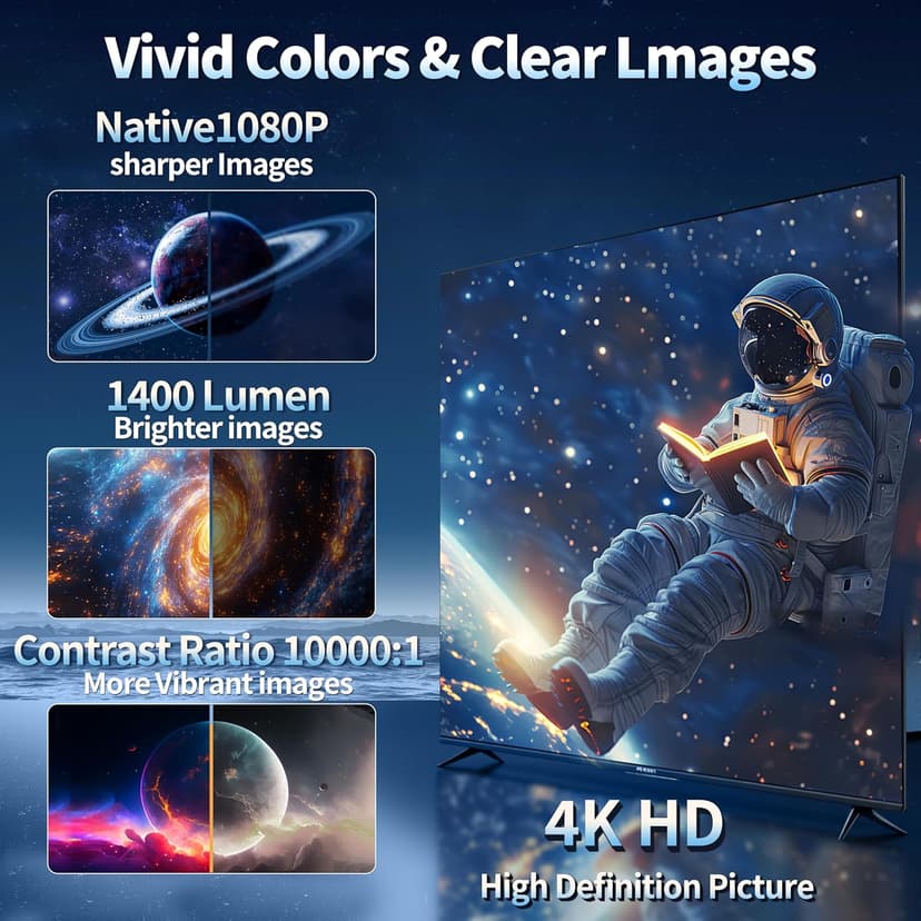 Mini Projector 1080P with WiFi 6 and Bluetooth 5.4, 4K Full HD Projector Features Auto Focus & Keystone, Portable Projector Built-in App Support 270° Rotatable, Compatible with Phone/HDMI/USB - Black