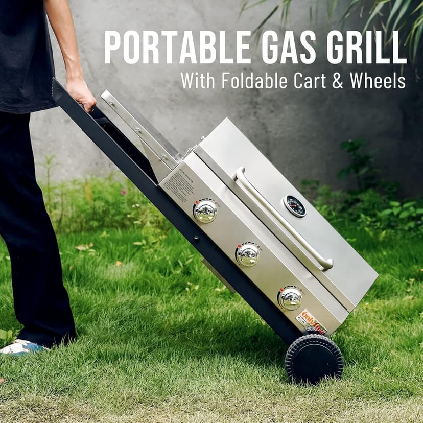 Onlyfire BBQ Gas Grill 3-Burner with Foldable Cart & Side Table, Portable Propane Grill with Lid for Outdoor Patio Backyard Barbecue Camping Tailgating RV Trip, Stainless Steel, GS308