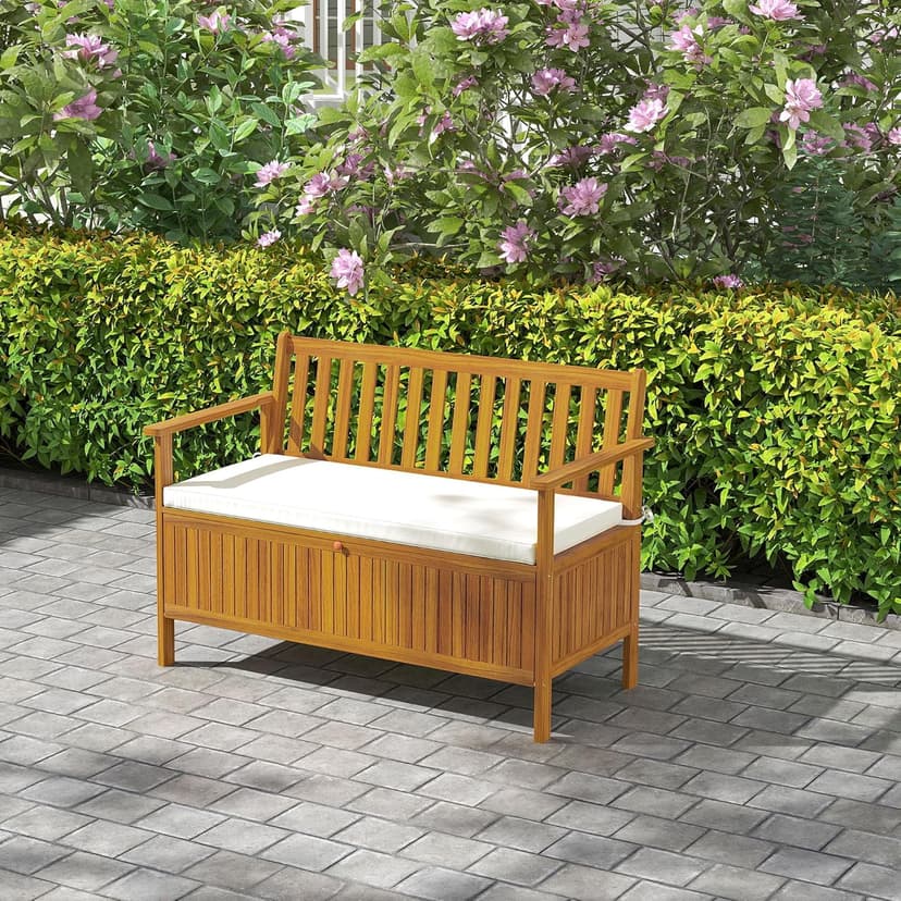 Outsunny Outdoor Bench with Storage Box, 28 Gallon Outdoor Storage Bench, Acacia Wood Garden Seat with Cushion, 2 Seater Patio Furniture for Park, Balcony, Teak