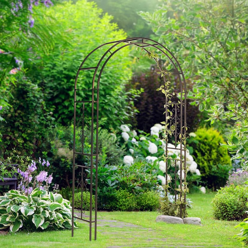 Evergreen Plow & Hearth Montebello-Gunmetal Garden Arbor - 7 Feet Tall | Slim Metal Arch with Iron Trellis for Climbing Plants | Elegant Wedding Arbor | Outdoor Patio & Garden Decor