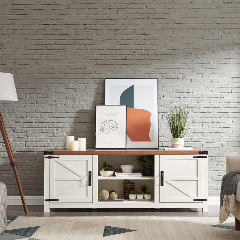T4TREAM Farmhouse TV Stand for TVs Up to 75 inches, Wood Barn Door Media Television Console Table with Storage Cabinets, Easy Assembly Modern Entertainment Center for Living Room, Antique White