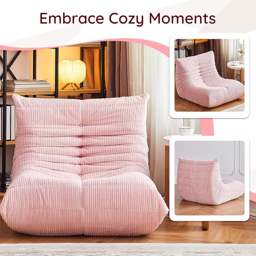 Bean Bag Chair for Adults - Large Bean Bag Chairs, Memory Foam Bean Bag with High-Rebound, Oversized Corduroy Boneless Chair, Lazy Floor Sofa for Reading Gaming Living Room Bedroom, Pink