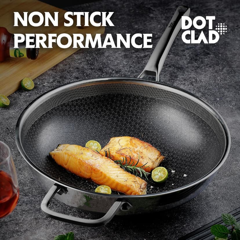 Wok pan,Hybrid 13 inch Wok with Lid, PFOA Free Cookware,non stick Stainless Steel Woks & Stir-fry pans Nonstick, Dishwasher and Oven Safe, Works on Induction