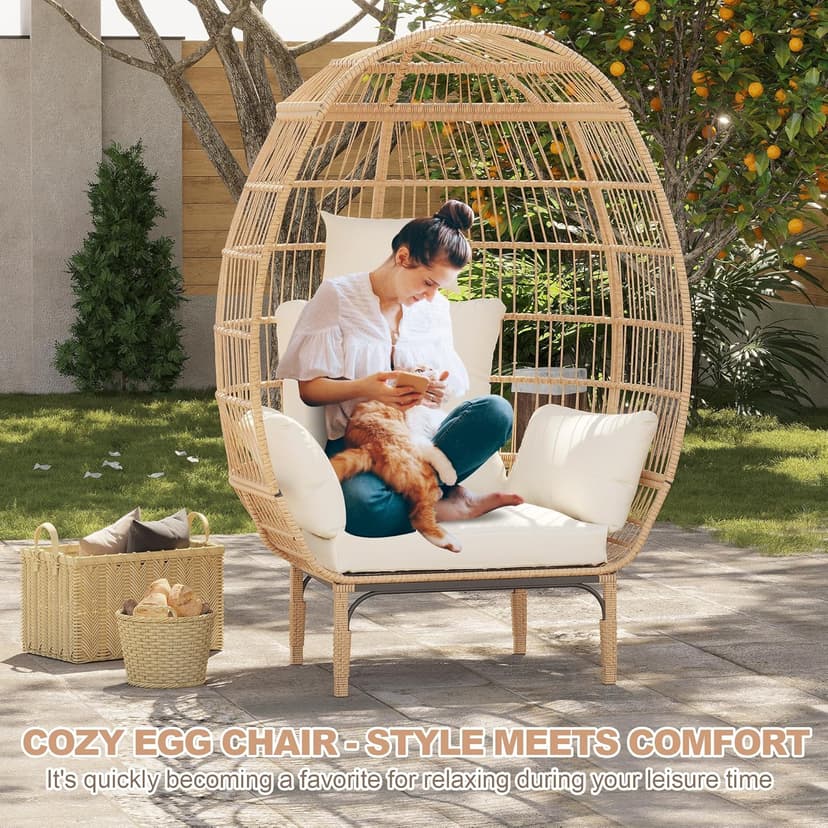 Paito Egg Chair Oversized Lounger, Wicker Egg Rattan Chair Outdoor Indoor, 500 Lbs Egg Shape Balcony Chair for Living Room, Balcony, Backyard