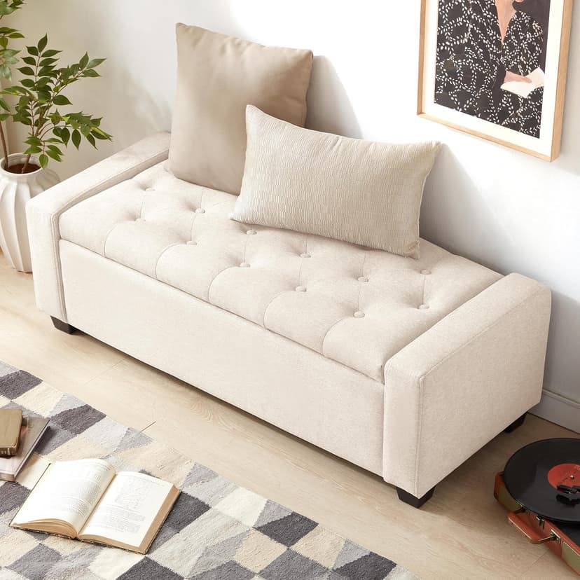 Ottoman with Storage, Storage Ottoman Bench with Safety Hinge, Upholstered Entryway Bench with Seating for Bedroom, Living Room, Holds up to 330 lb, Beige