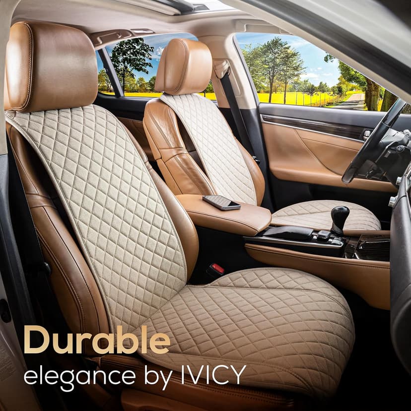 IVICY Linen Car Seat Cover for Cars - Non-Slip Soft & Breathable - Front Car Seat Protector Covers Universal Fits Most Automotive, Vans, SUVs, Trucks - 1 Unit - Beige
