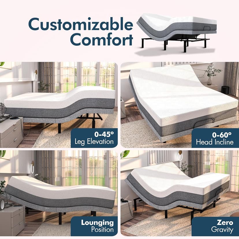 SFE Adjustable Bed with Mattress & Massage, Twin XL Adjustable Bed Frame + Medium Mattress - Cooling Gel Memory Foam Mattres, USB, UnderBed Light, Wireless Remote