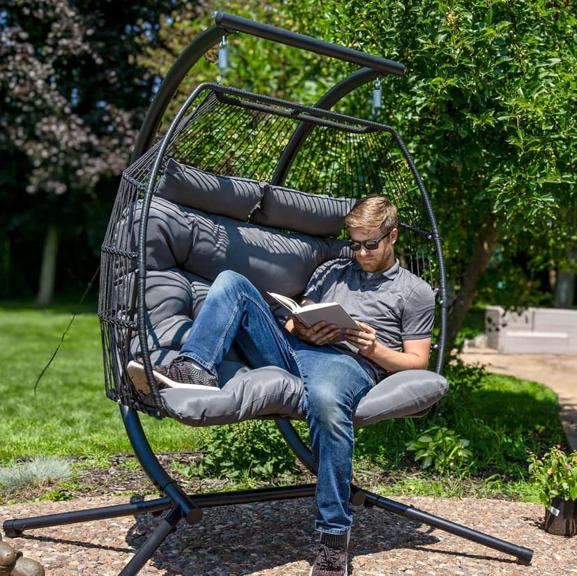 Sunnydaze Andrei Double Hanging Egg Chair with Stand - 2-Person Outdoor Egg Chair - Includes Steel Stand and Cushion - Dark Gray