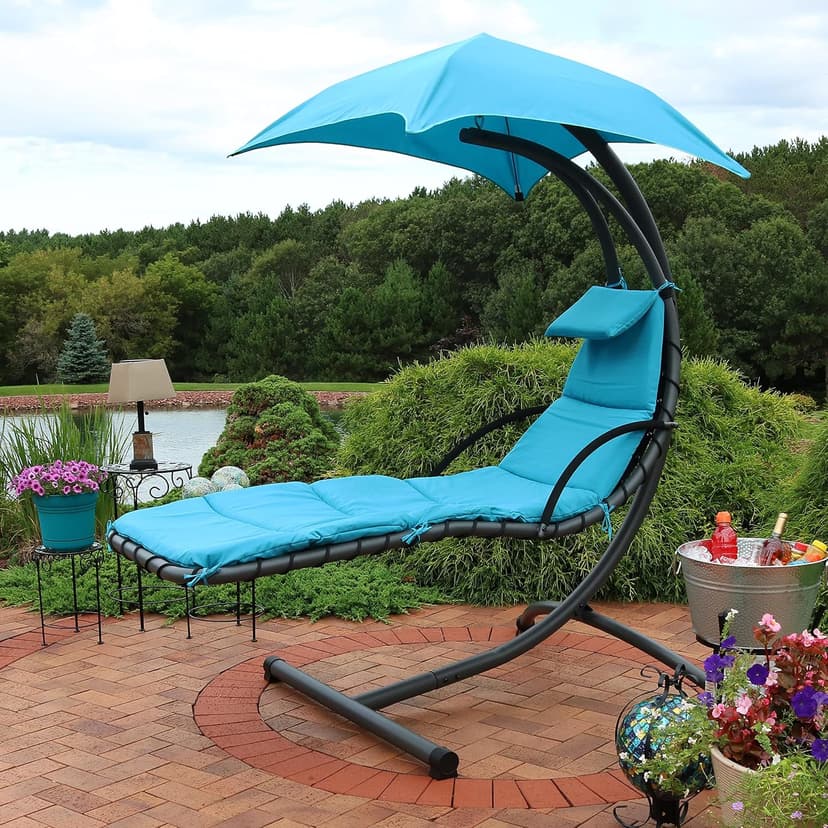 Sunnydaze Floating Chaise Lounger - Outdoor Hanging Patio Swing Chair with Canopy and Arc Stand - 260-Pound Capacity - Teal - 79 Inches Long
