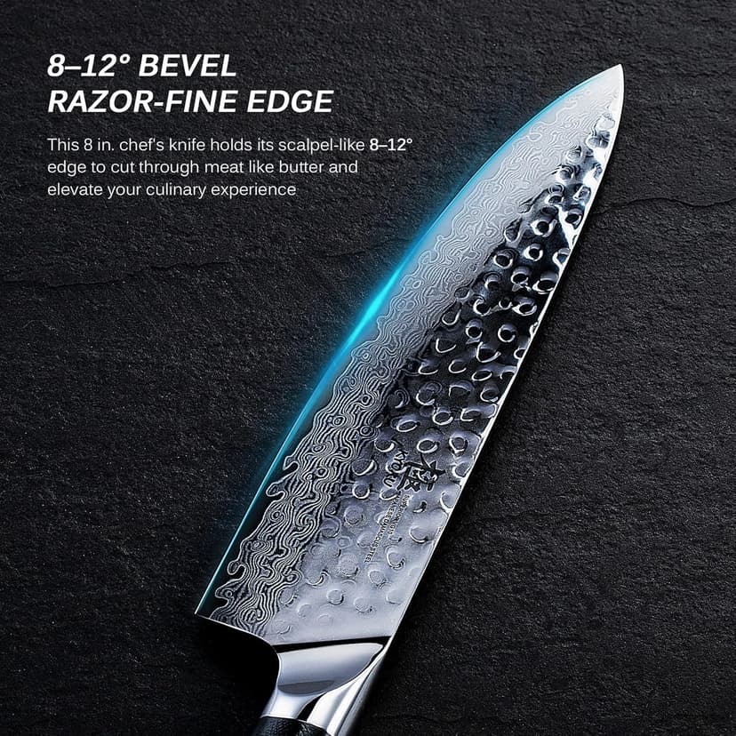 KYOKU Chef Knife - 8"- Shogun Series Japanese VG10 Steel Core Hammered Damascus Blade Kitchen Knife - with Sheath & Case