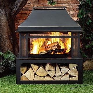 Outdoor Wood Burning Fireplace with Wood Storage and Removable Fire Grill - 40 Inch Large Metal Wicker Base Fire Pit for Patio Garden Deck Backyard, Black