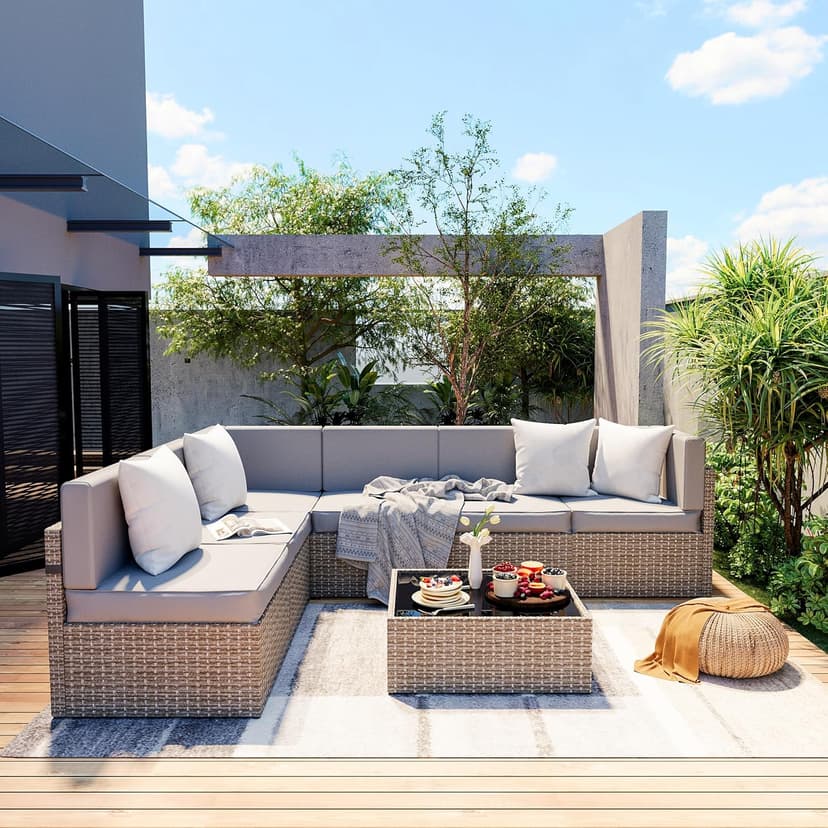Pamapic 7-Piece Outdoor Sectional Furniture Set, All-Weather Wicker Patio Sofa with Washable Cushions, Gray Waterproof Rattan Conversation Set for Backyard, Poolside, Garden (Gray Cushions)