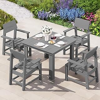 SERWALL HDPE Outdoor Dining Set, Patio Table and Chairs Set All Weather Patio Dining Set for 4, 5-Piece Patio Dining Furniture for Deck, Garden, Backyard, Gray